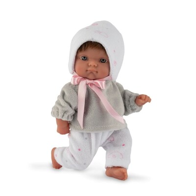 Boneca bebé com roupa cinzenta e branca com padrões cor-de-rosa