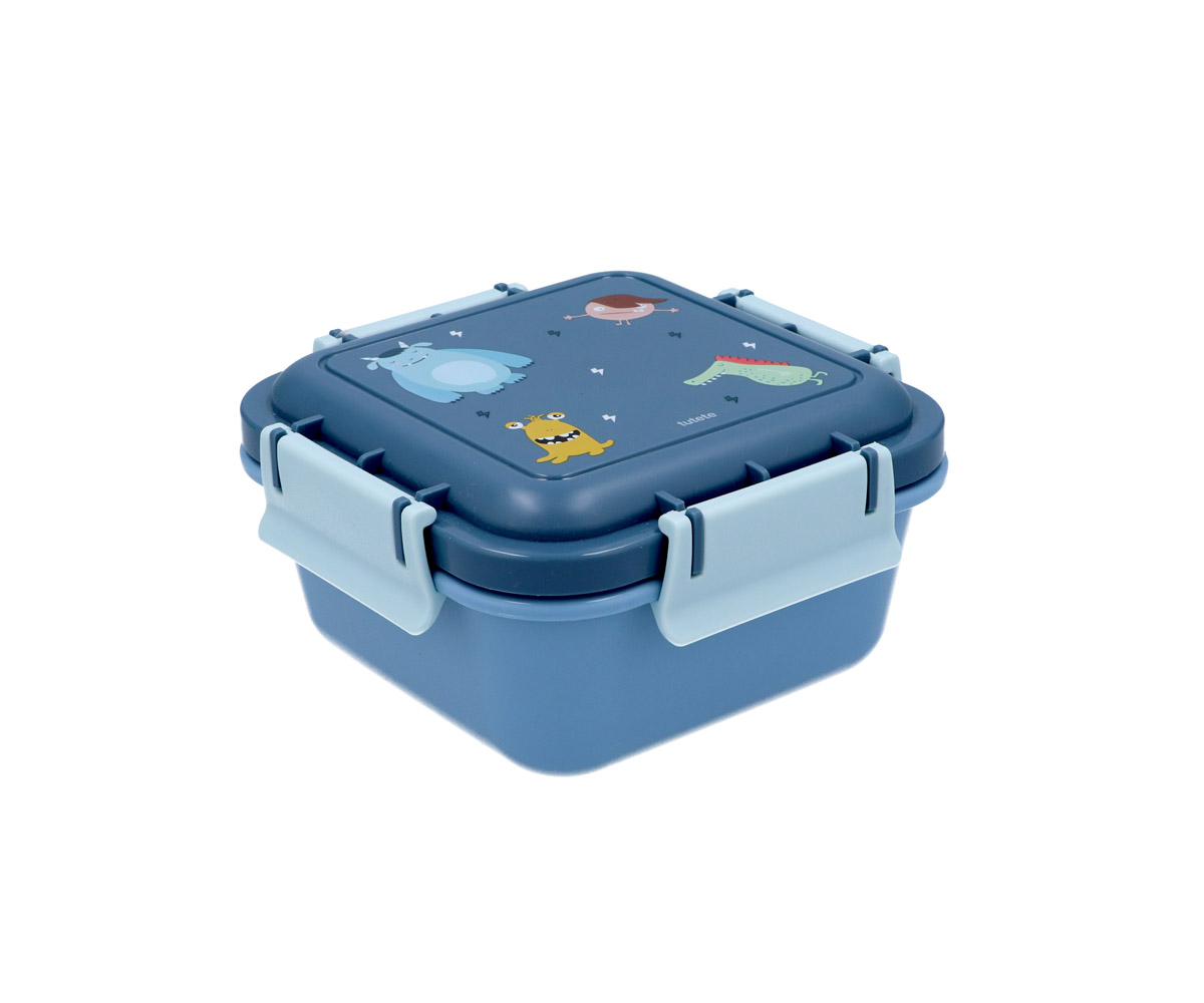 Marmita quadrada azul com tampa azul-escuro decorada com dinossauros