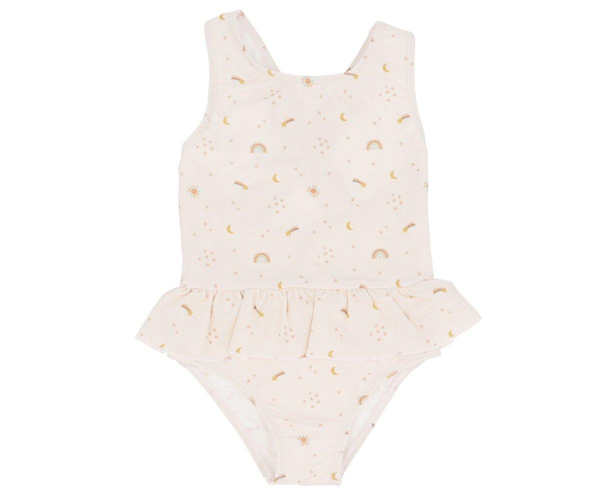 Fato de banho creme com estampado dourado e saia franzida