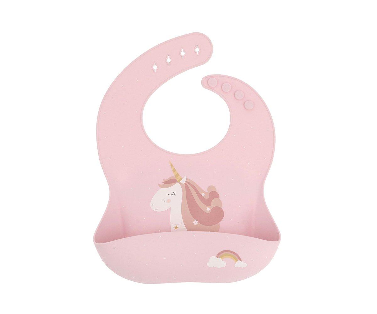 Babete de silicone rosa com bolso e desenho de unicórnio
