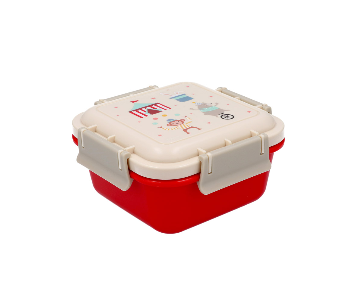 Caixa para comida vermelha com tampa creme decorada, fechos laterais creme.