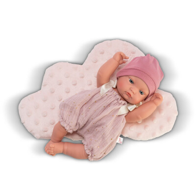 Boneca bebé rosa em macacão com almofada nuvem cor de rosa claro