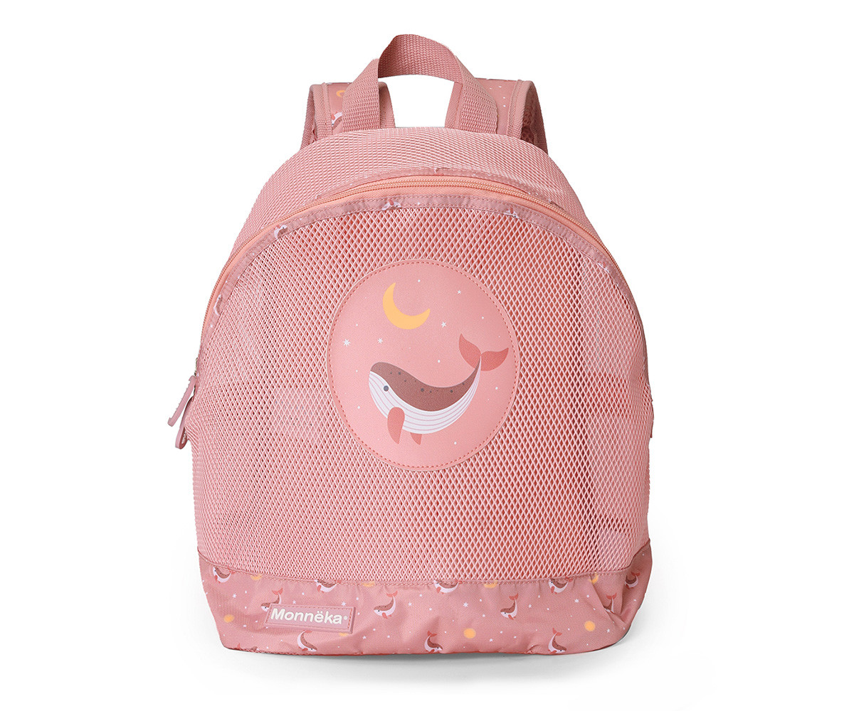 Mochila infantil cor-de-rosa com padrão de baleias e bolso em rede