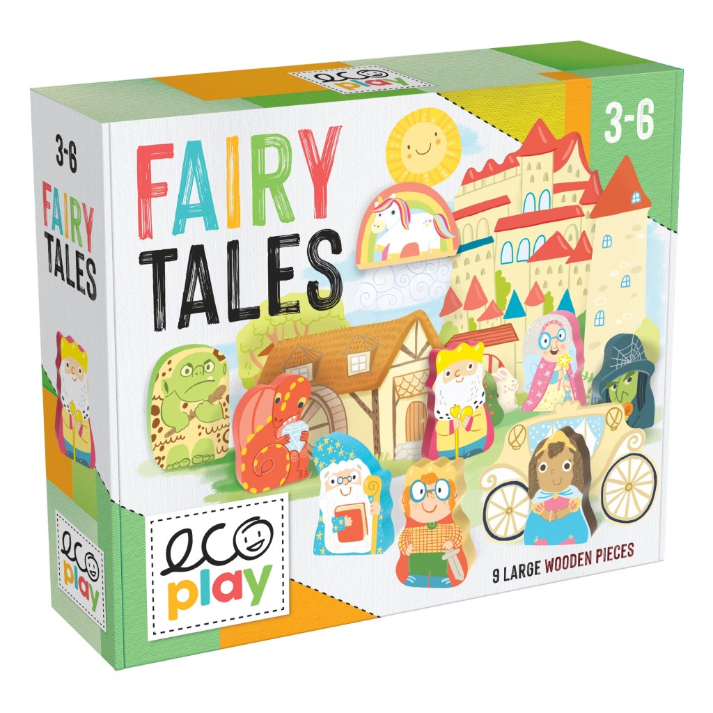 Caixa colorida de jogo infantil FAIRY TALES com 9 peças de madeira e personagens de contos de fada