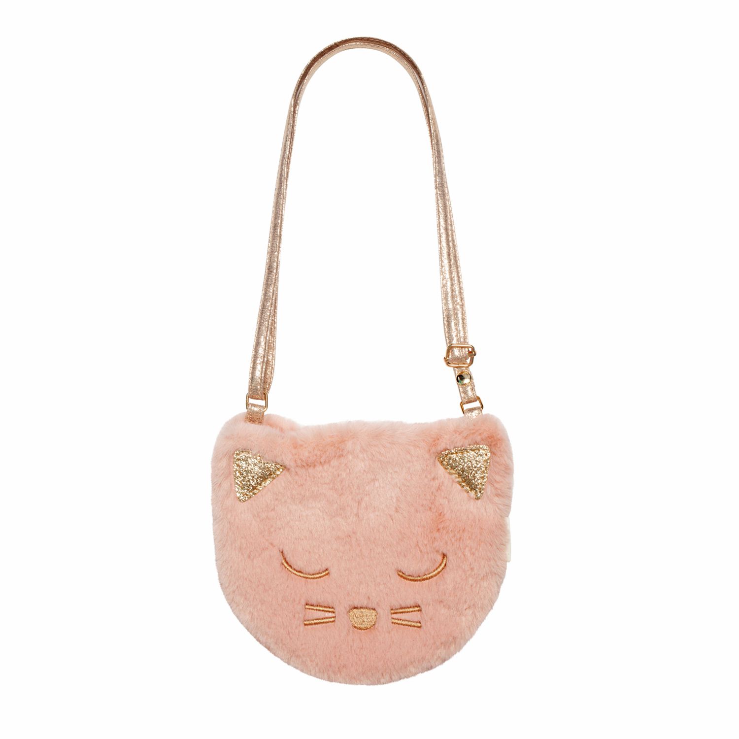 Bolsa infantil rosa claro em forma de gato com alça dourada