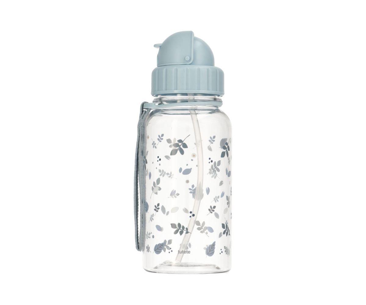 Garrafa de água transparente com tampa cinzenta e padrão floral