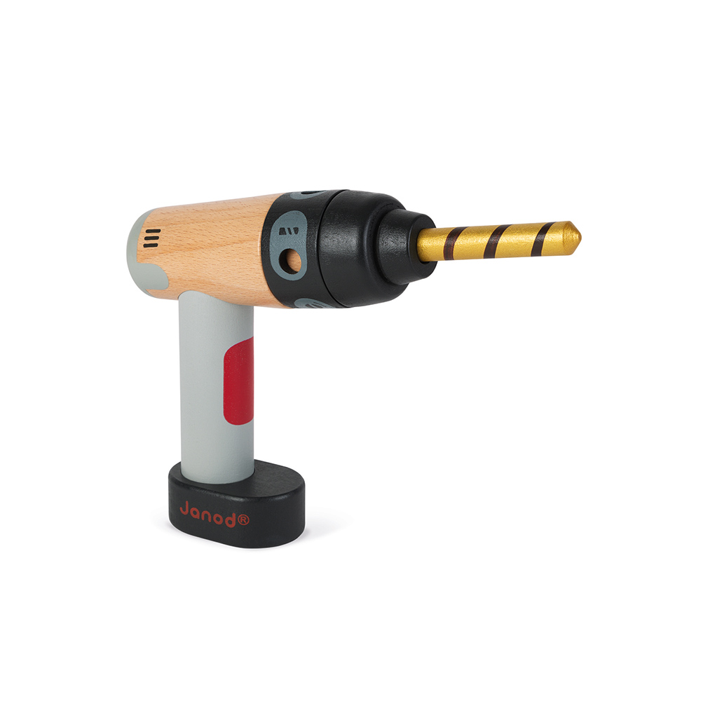 Ferramenta de madeira com broca dourada e corpo em tons de bege, cinzento, preto e vermelho