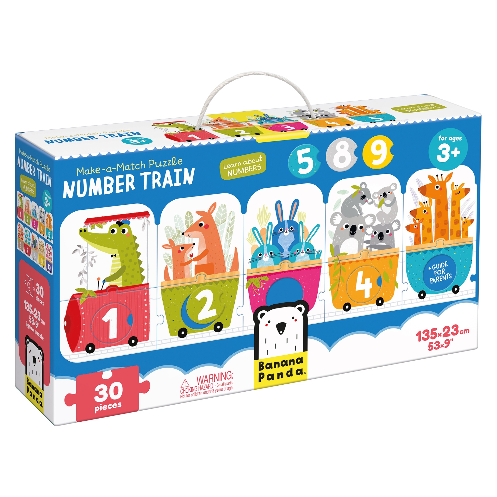 Caixa de puzzle NUMBER TRAIN com peças ilustrando carrinhos numerados e animais cartoon, indicado para crianças a partir de 3 anos.