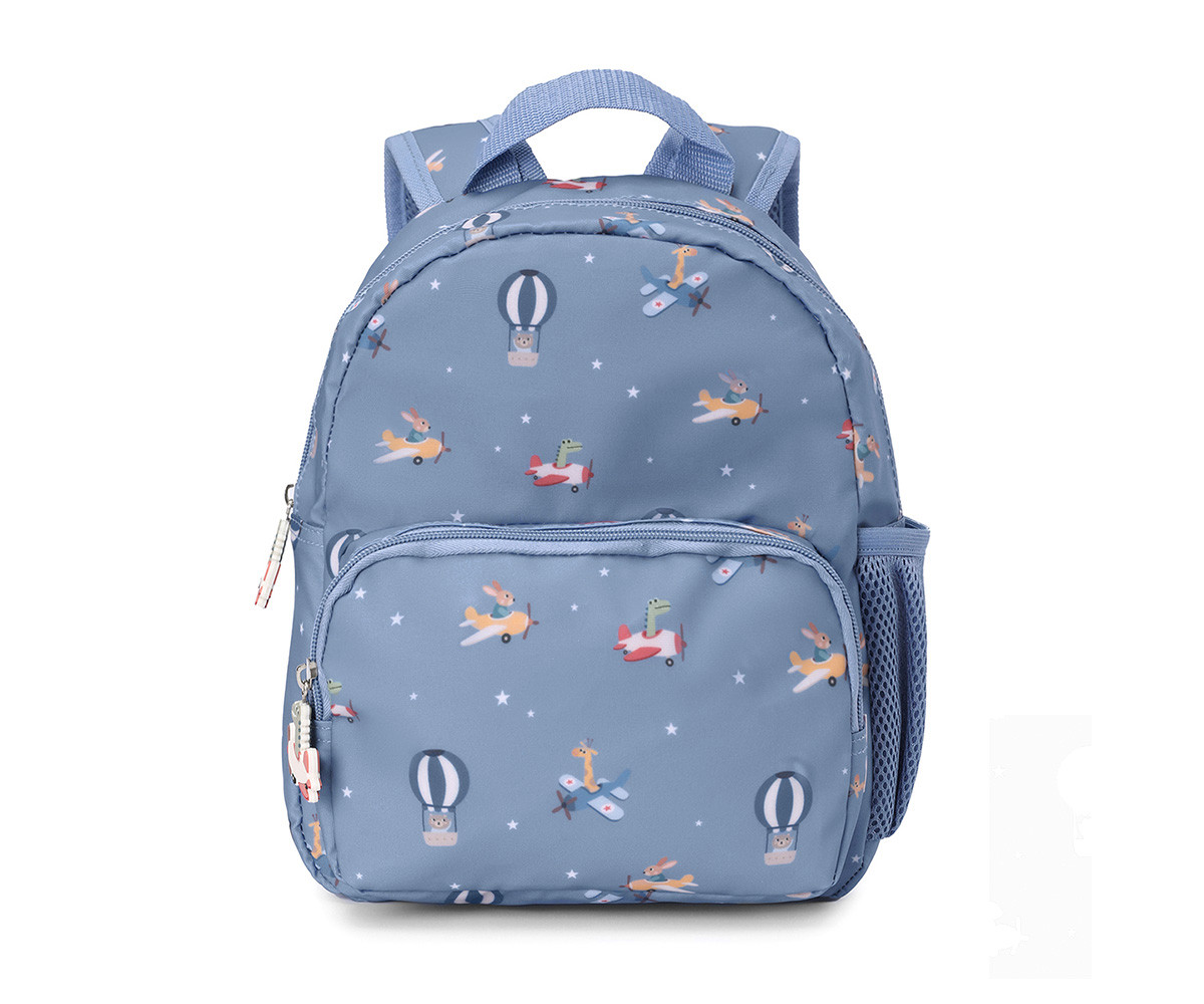 Mochila infantil azul com padrão de animais em aviões e balões
