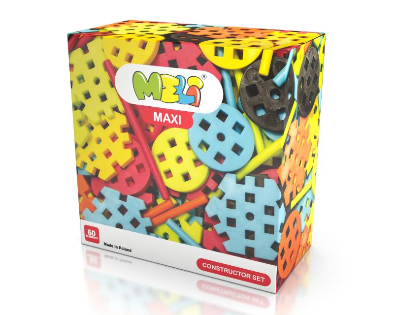 Caixa de brinquedo com peças coloridas encaixáveis texto MELI MAXI e CONSTRUCTOR SET