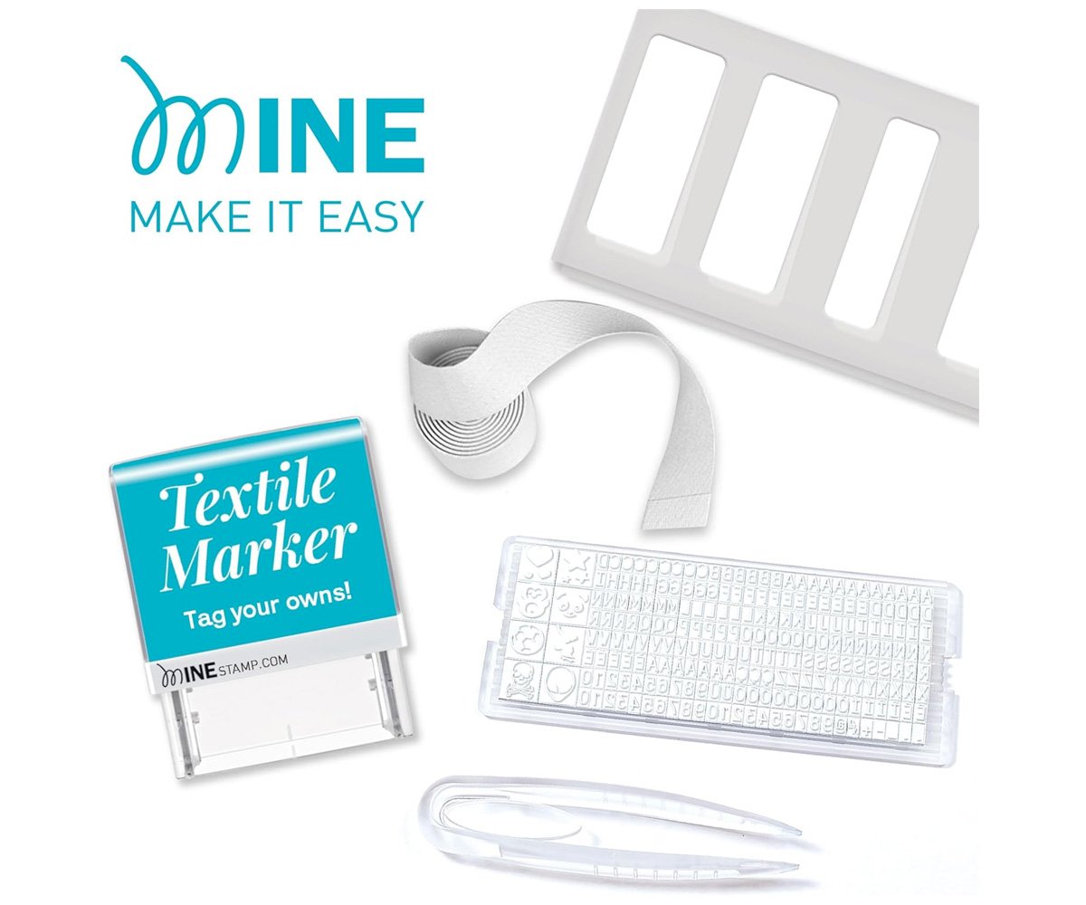 Kit de marcação têxtil MINE com carimbo, folhas de letras, pinça e fita