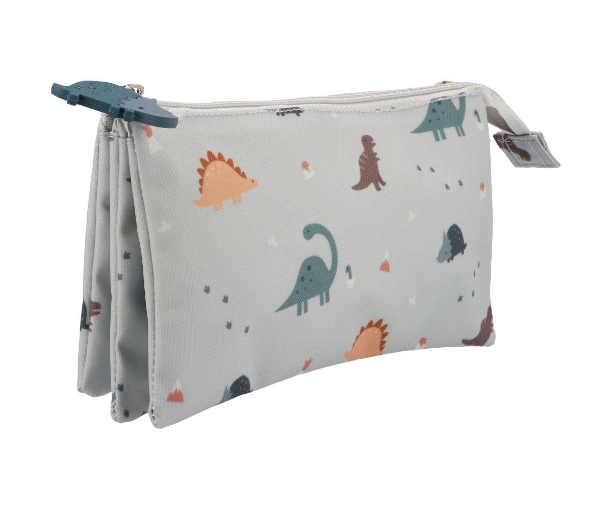 Estojo de tecido cinza com estampado de dinossauros coloridos e fecho de correr.
