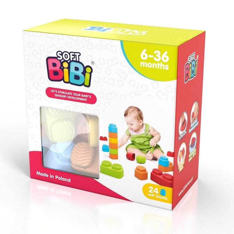 Caixa colorida Soft BiBi com blocos de construção para bebés, idades 6-36 meses.