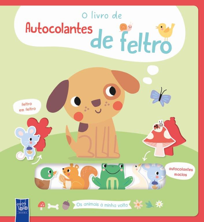 Capa de livro ilustrado de autocolantes de feltro com animais coloridos.