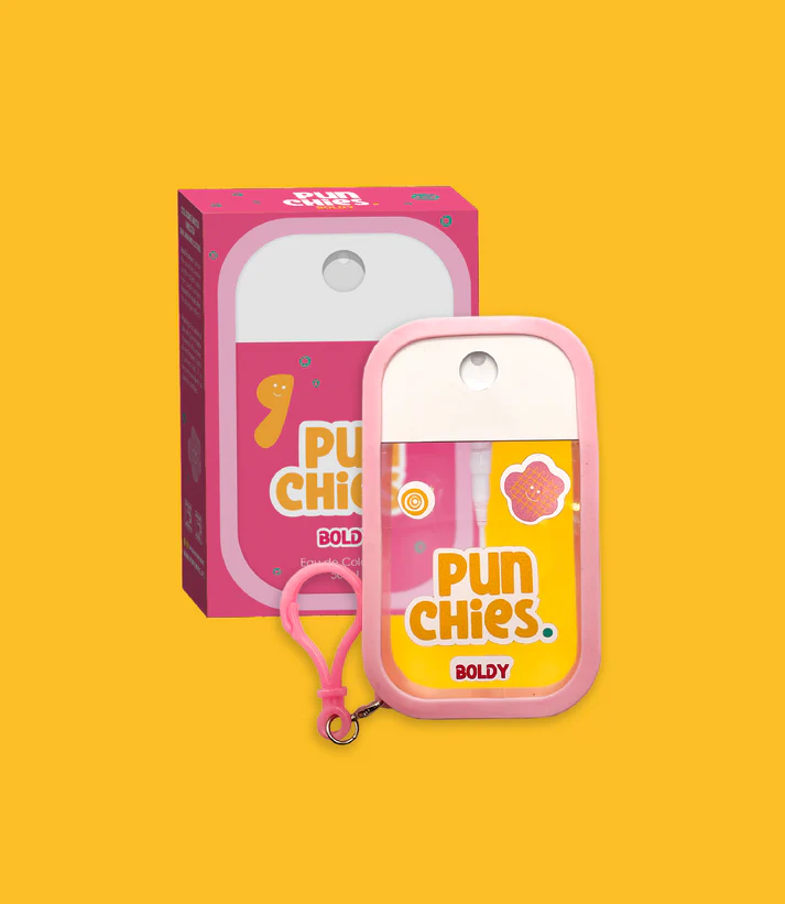 Frasco spray transparente com tampa branca e moldura rosa com embalagem rosa