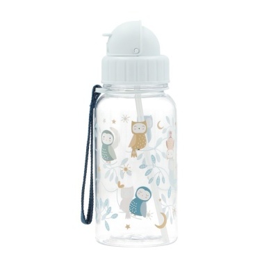 Garrafa plástica transparente com estampa de corujas e tampa branca