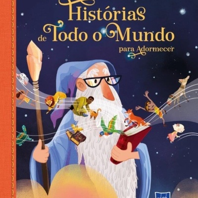 Capa de livro ilustrada com velho de barba branca e título 'Histórias de Todo o Mundo para Adormecer'