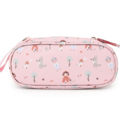 Estojo cor-de-rosa com padrão de personagens e árvores