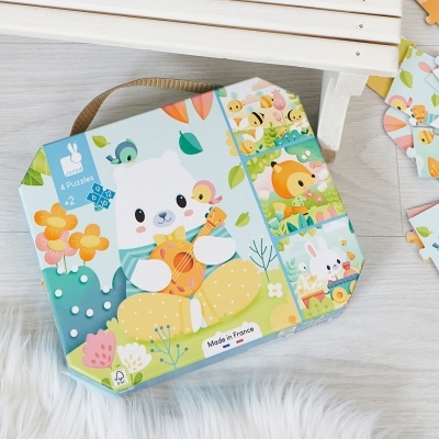 Mala infantil colorida com ilustração de urso e animais, 4 puzzles, 'Made in France'