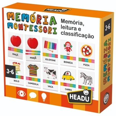 Caixa de jogo educativo Memória Montessori Headu com ilustrações de objetos e animais e texto em português