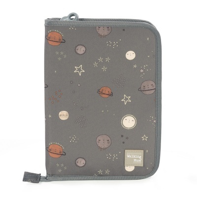 Estojo escolar cinzento com padrão de planetas e estrelas
