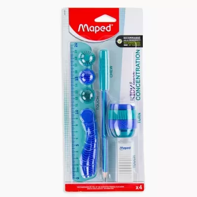 Conjunto escolar Maped para concentração infantil com régua, lápis, apontador e borracha em azul e verde