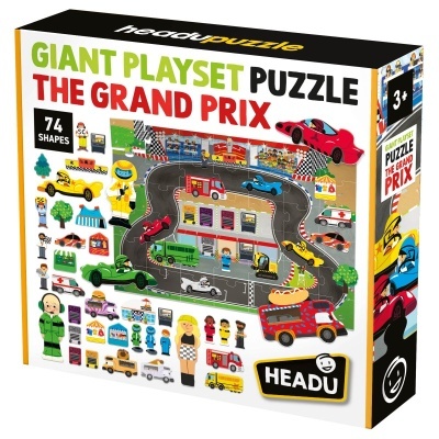 Caixa de puzzle gigante de corrida The Grand Prix, com 74 peças e várias figuras coloridas.