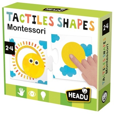 Caixa de jogo Montessori Tactiles Shapes com peças táteis e ilustrações coloridas