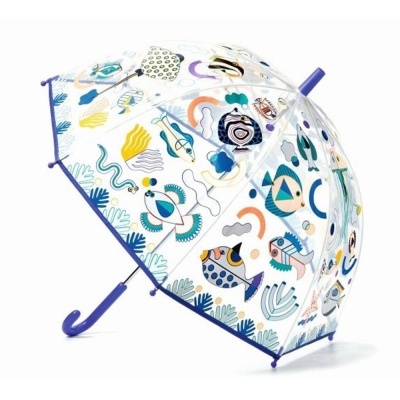 Guarda-chuva transparente com padrão colorido abstrato e pega azul roxo