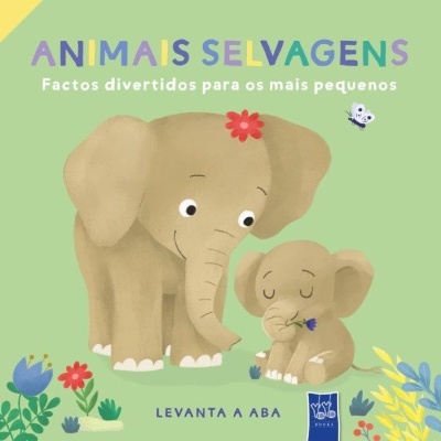 Capa de livro infantil com elefantes e texto colorido sobre animais selvagens.