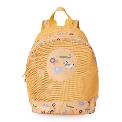 Mochila infantil amarela com estampado de animais e etiqueta Monnéka