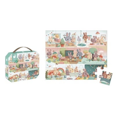 Quebra-cabeças de coelhos e animais pastel embalado com tampa de transporte