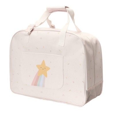 Bolsa de viagem creme com desenho de estrela sorridente e cauda colorida