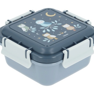 Caixa de almoço azul com fechos brancos e desenho de corujas no tampo