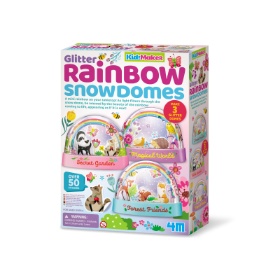 Caixa brilhante colorida com três globos de neve decorativos e imagens de animais e flores