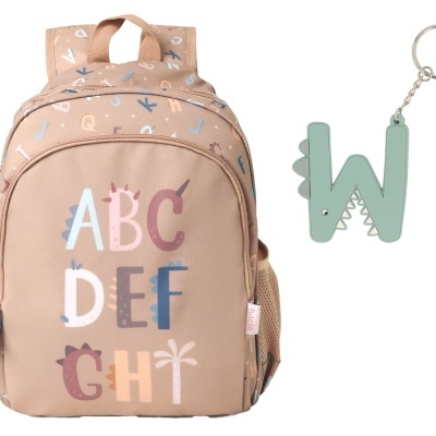 Mochila infantil bege com letras coloridas e porta-chaves verde letra W