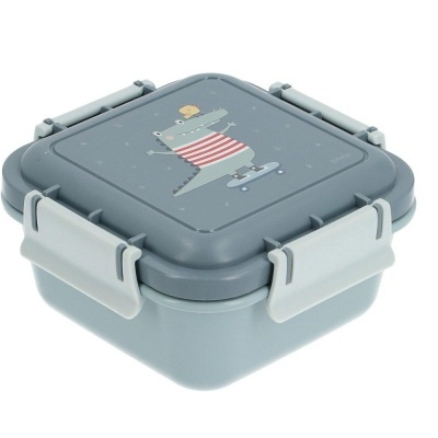 Caixa de plástico cinzenta com tampa com ilustração de urso a andar de skate