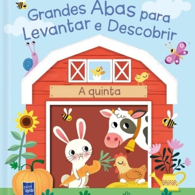 Livro infantil com ilustração de quinta, animais e flores coloridas