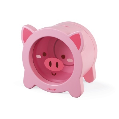 Cofre em forma de porco rosa com rosto desenhado e slot para moedas