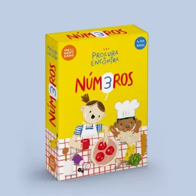 Caixa de jogo educativo amarelo com ilustração de crianças e elementos de cozinha