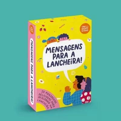 Caixa colorida com título 'MENSAGENS PARA A LANCHEIRA!' e ilustrações de pessoas e comida