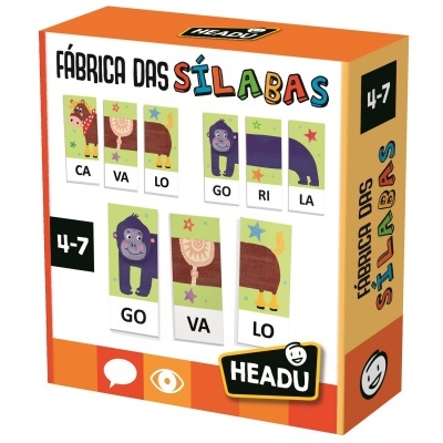 Caixa do jogo Fábrica das Sílabas com cartões coloridos de sílabas e animais para idades 4-7