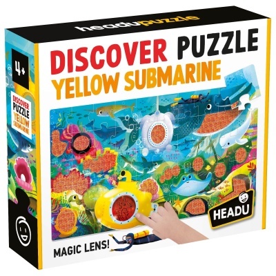Caixa de puzzle DISCOVER PUZZLE YELLOW SUBMARINE com imagem submarino amarelo e peixe