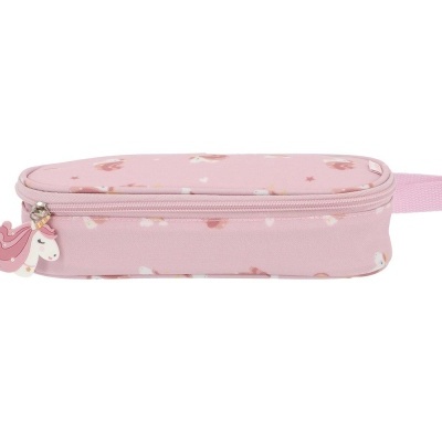 Estojo escolar cor-de-rosa com padrão de estrelas e corações e pendente de unicórnio no zíper