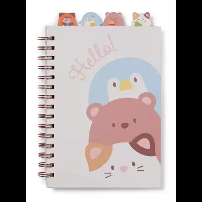 Caderno com capa ilustrada e abas coloridas em forma de animais