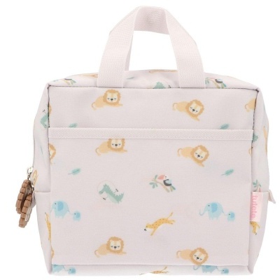 Mochila pequena bege com padrão de animais coloridos