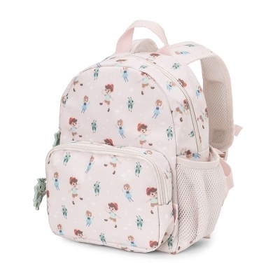 Mochila infantil rosa com padrões de crianças e animais pequenos