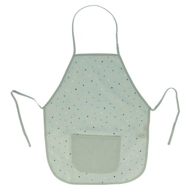 Avental de cozinha cinzento claro com pequenos pontos azuis e amarelos e bolso frontal.