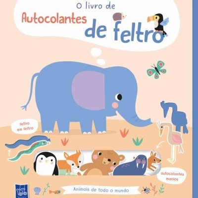 Capa de livro infantil com elefante azul e outros animais, texto em português sobre autocolantes de feltro.