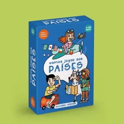 Embalagem azul de jogo educativo vamos jogar aos países com ilustrações e texto.